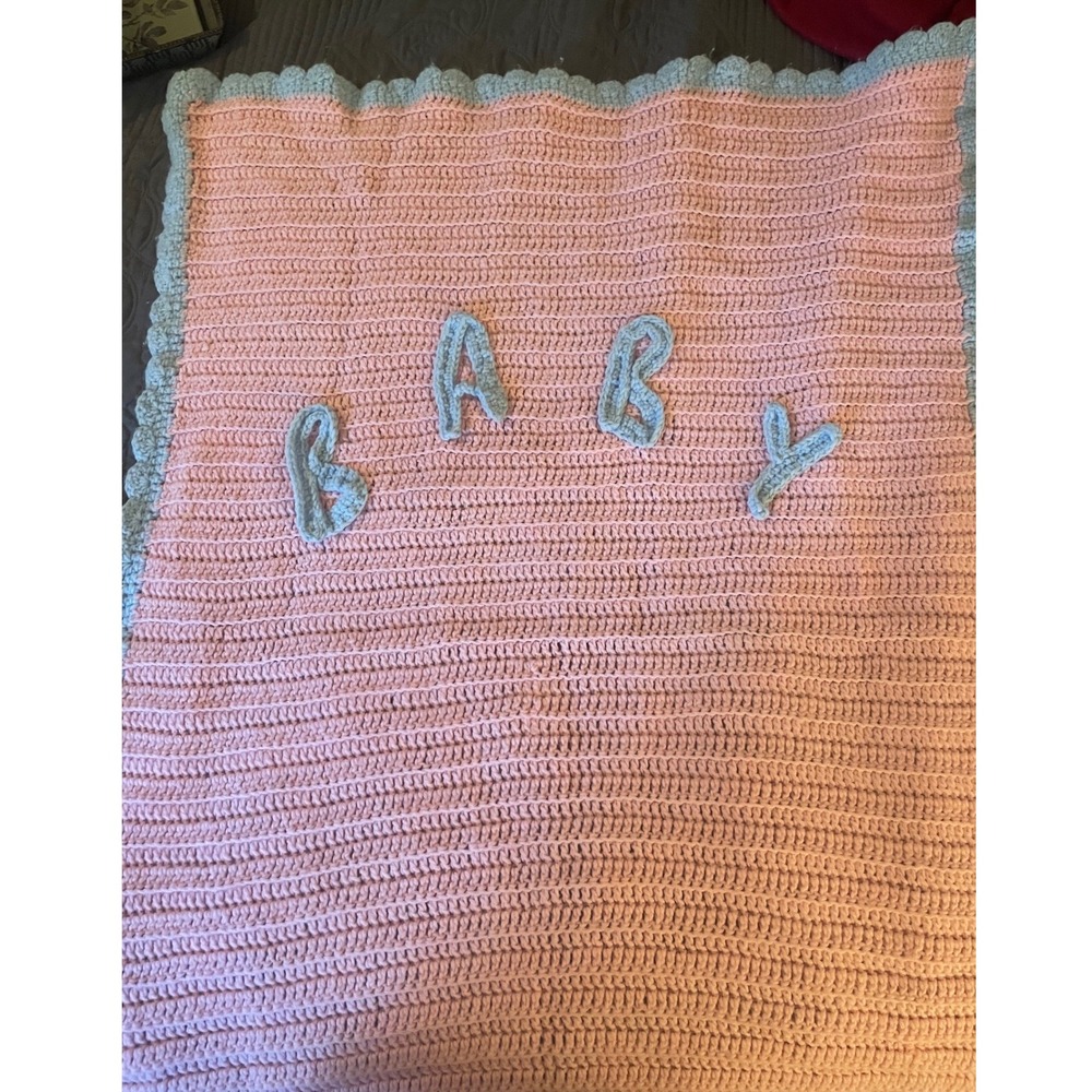 Handmade Crochet Baby Blanket Pink Blue Scalloped Edge Nursery Throw